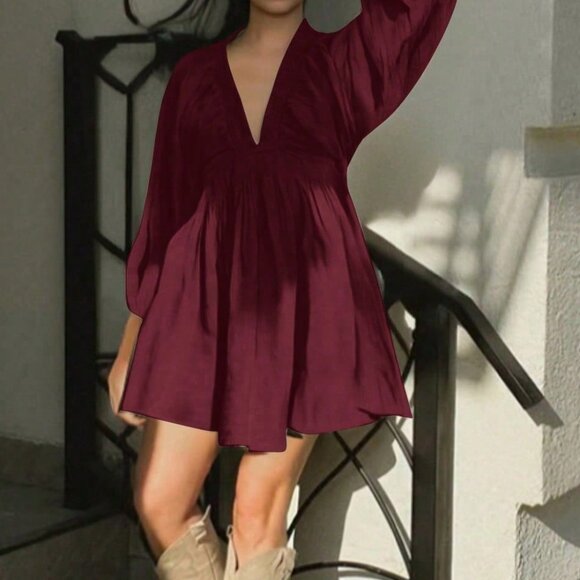 Burgundy Casual Women's Boho Elegant Mini Dress - Picture 3 of 8